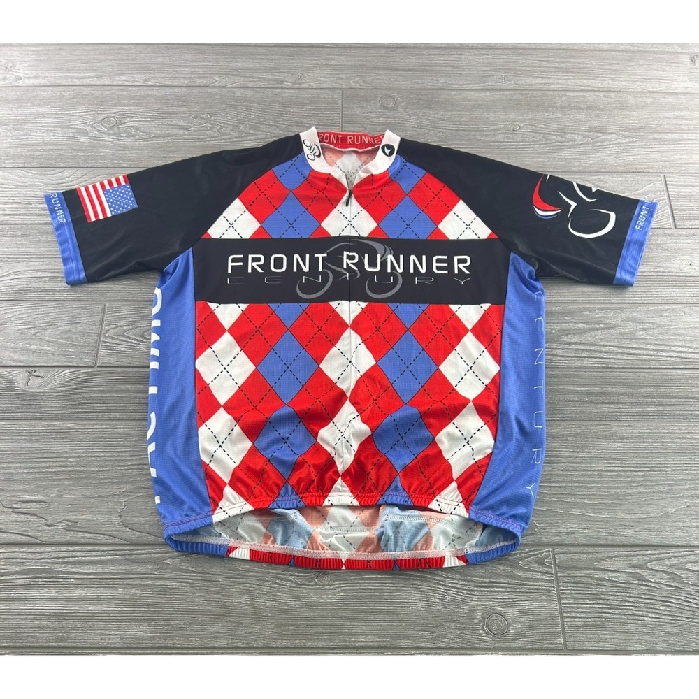PACTIMO Cycling Jersey Mens Medium Front Runner Century Argyle Red White Blue